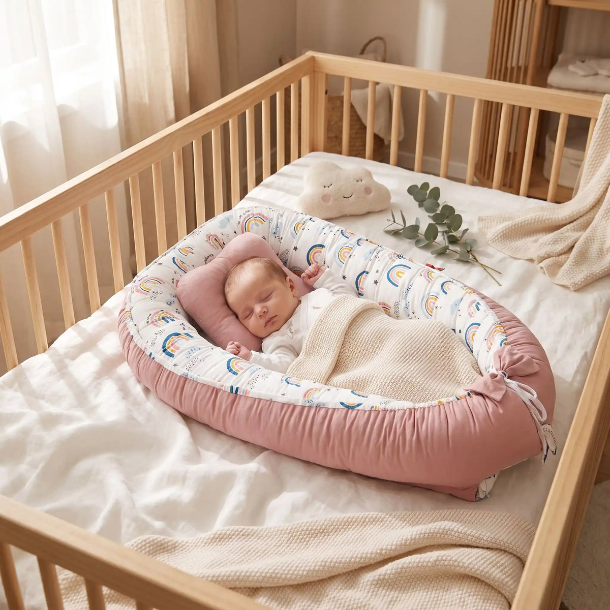 Bébé dort paisiblement dans reducteur matelas bebe coton évolutif