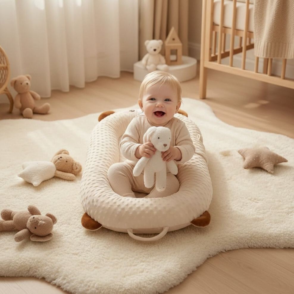Bébé souriant avec doudou dans Cocon bébé NidDouceur