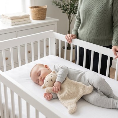 Doudou bebe agneau beige avec bébé dans berceau - Agneau Douceur