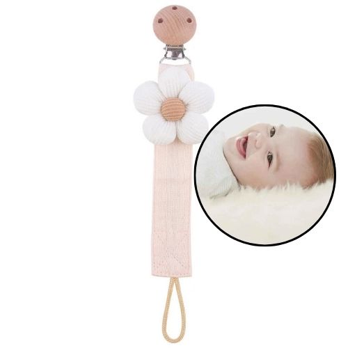Attache tetine blanche Fleurie en Coton