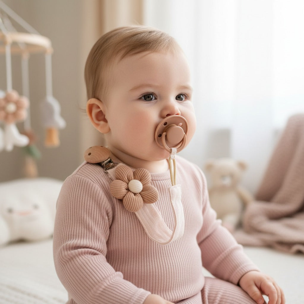 Attache tetine marron apaisante Fleurie en Coton
