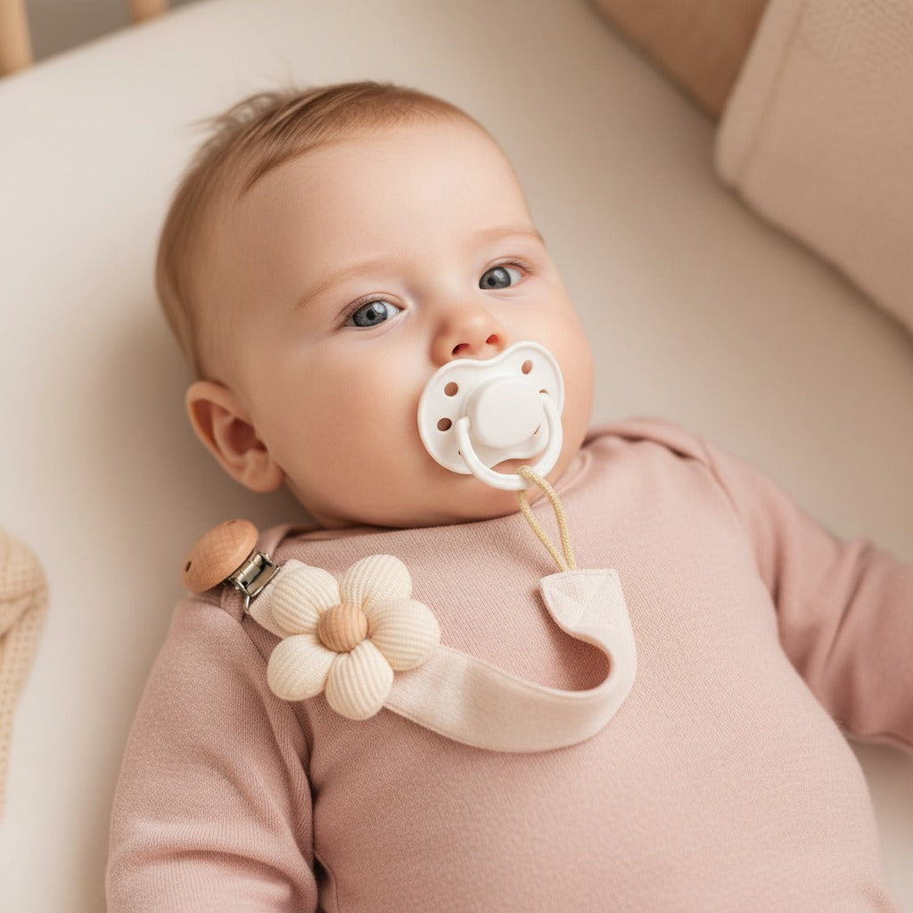 Attache tetine pratique beige Fleurie en Coton