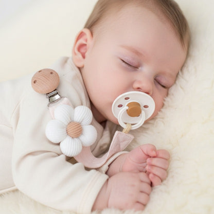 Attache tetine pratique blanche Fleurie en Coton