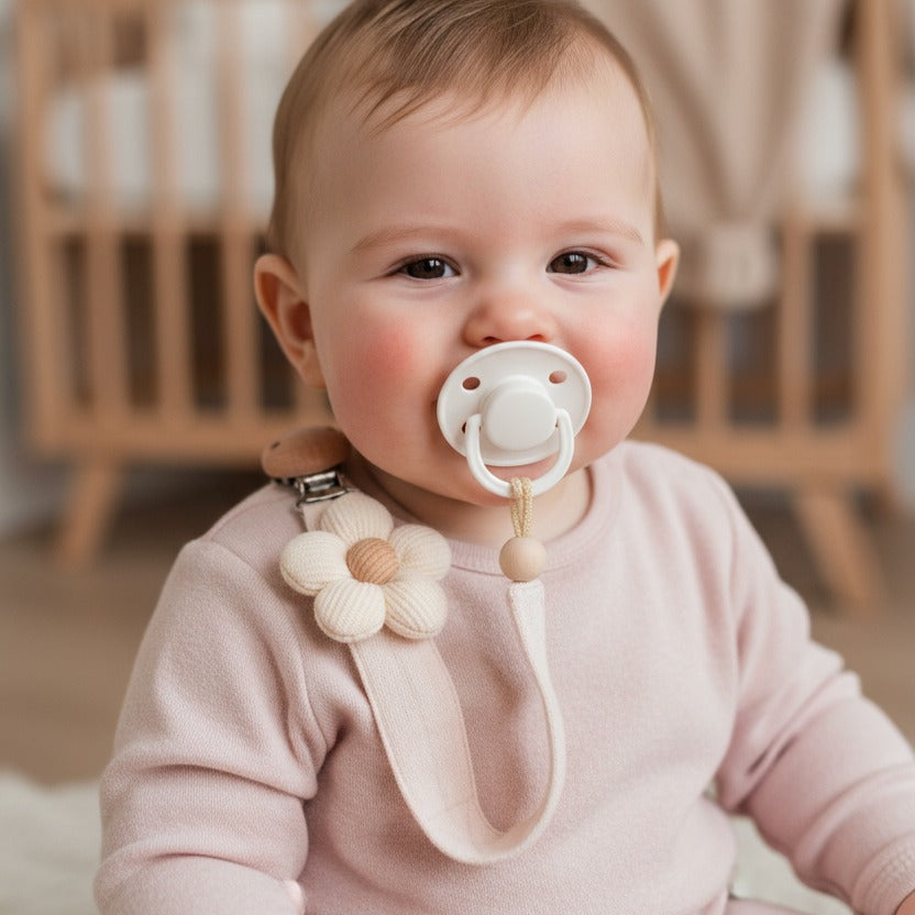 Attache tetine tissu beige Fleurie en Coton