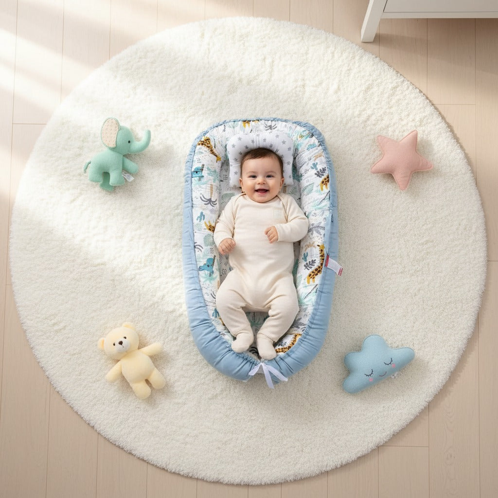 Bébé allongé souriant dans nid bebe bleu avec motifs girafe Cocoon Respirant