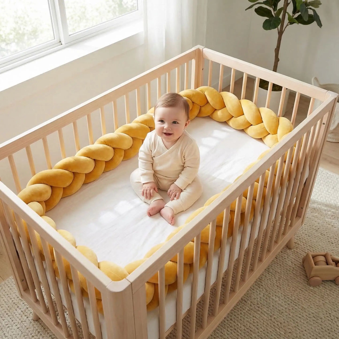 Bébé assit dans berceau protégé par Natte de lit moutarde Protectrice Tressée