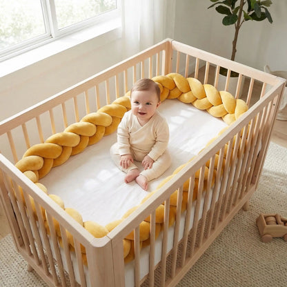 Bébé assit dans berceau protégé par Natte de lit moutarde Protectrice Tressée