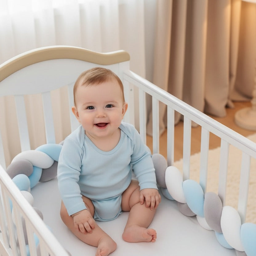 Bébé assit dans berceu avec Tresse bebe Bleu Gris Blanc