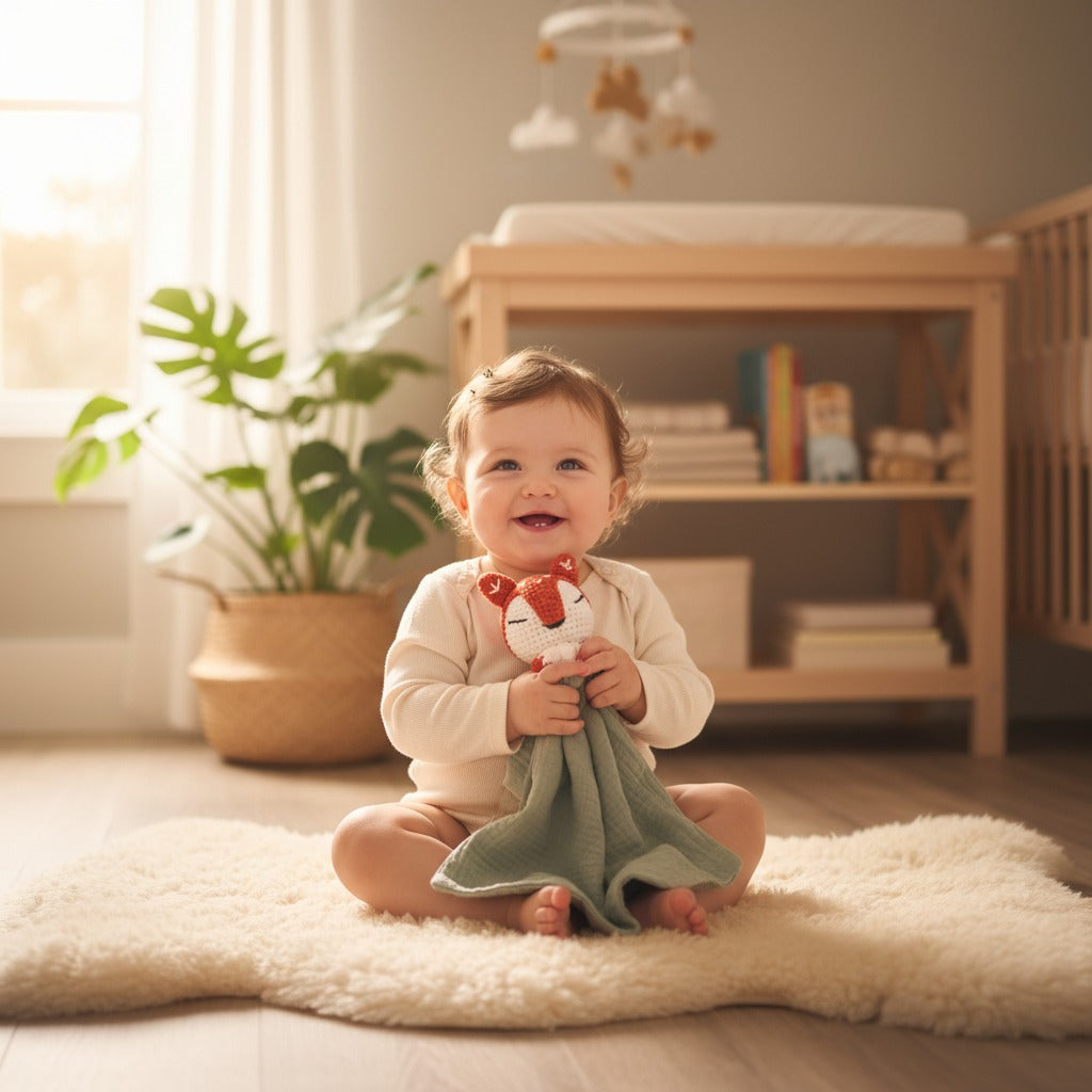 Bébé assit souriant avec doudou bébé renard coton apaisant