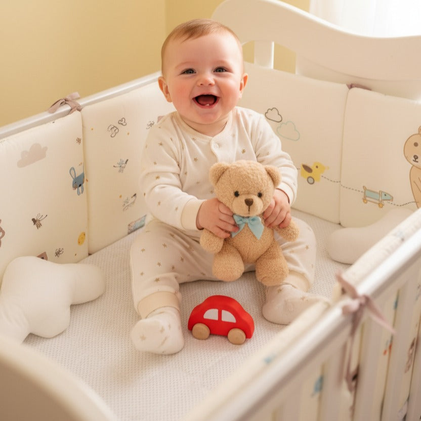 Bébé assit souriant dans berceau avec Tour de lit bébé OURS Coton Bio Sécurité