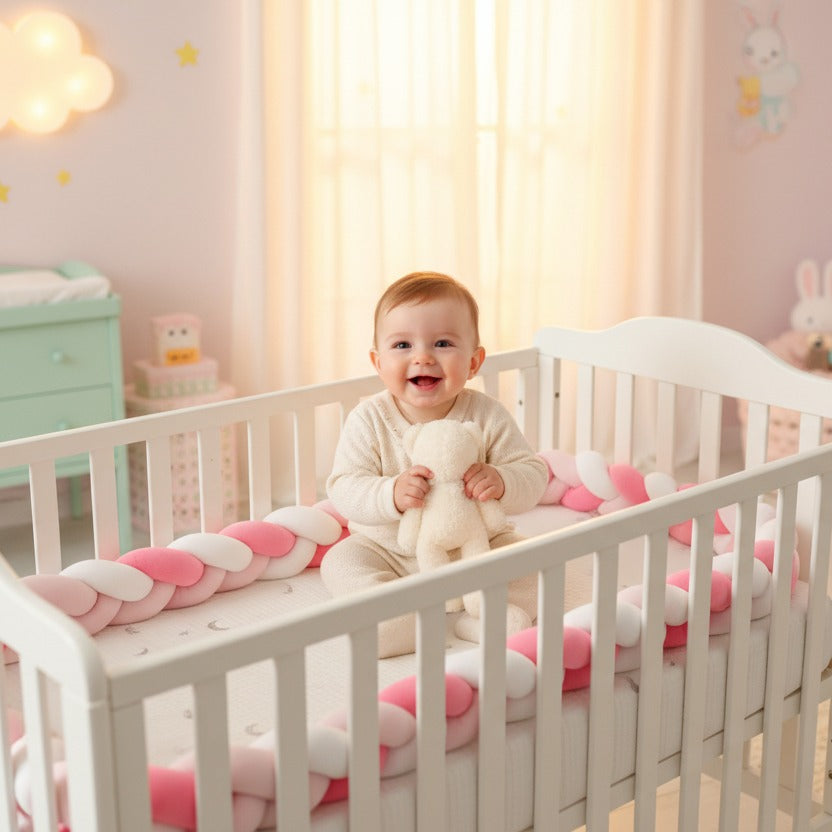 Bébé assit souriant dans berceau avec Tresse de lit Rose protectrice Coton Respirant