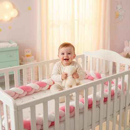 Bébé assit souriant dans berceau avec Tresse de lit Rose protectrice Coton Respirant