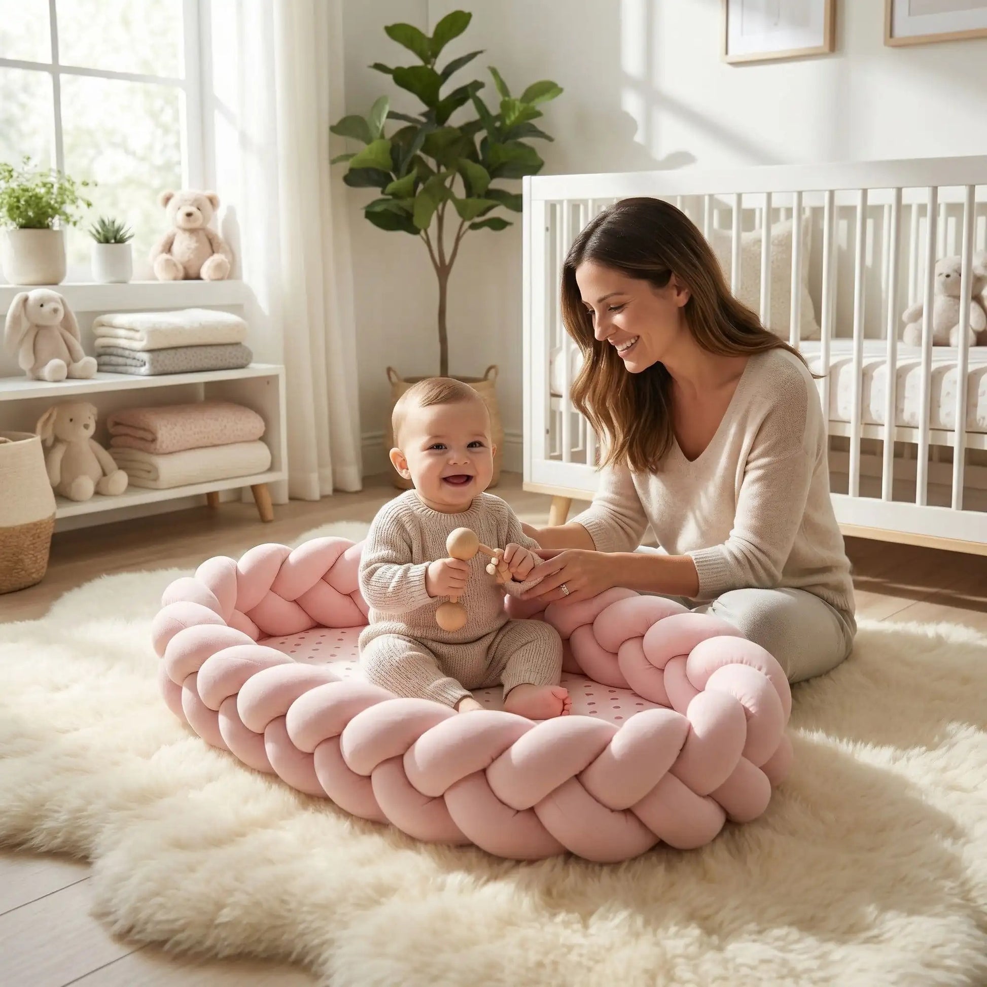 Bébé assit souriant dans nid pour bebe avec maman Respirant & Sécurisant