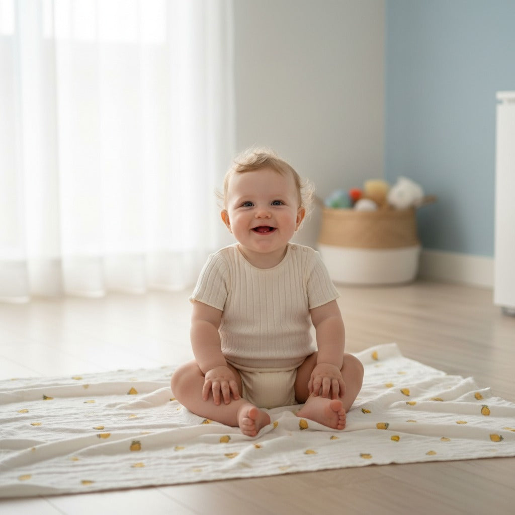 Bébé assit sur couverture douce bebe paisible - Bulle de Bébé