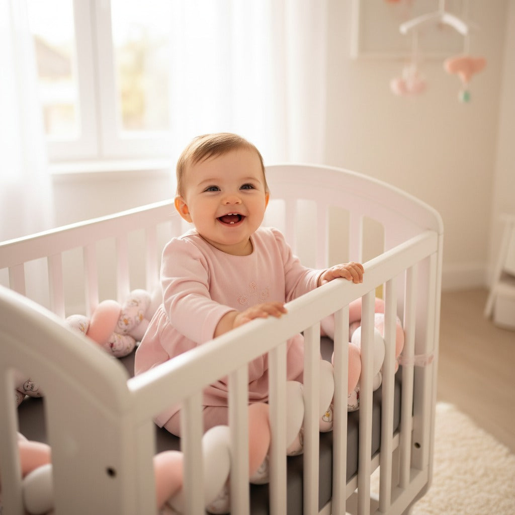 Bébé dans berceau avec tresse de lit bébé rose TwistBumper rose cocote