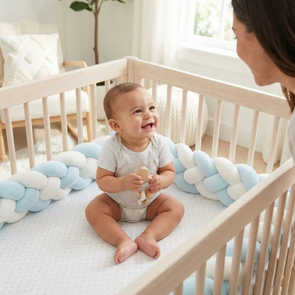 Bébé dans berceau avec tresse de lit bleu blanc rêve tressé