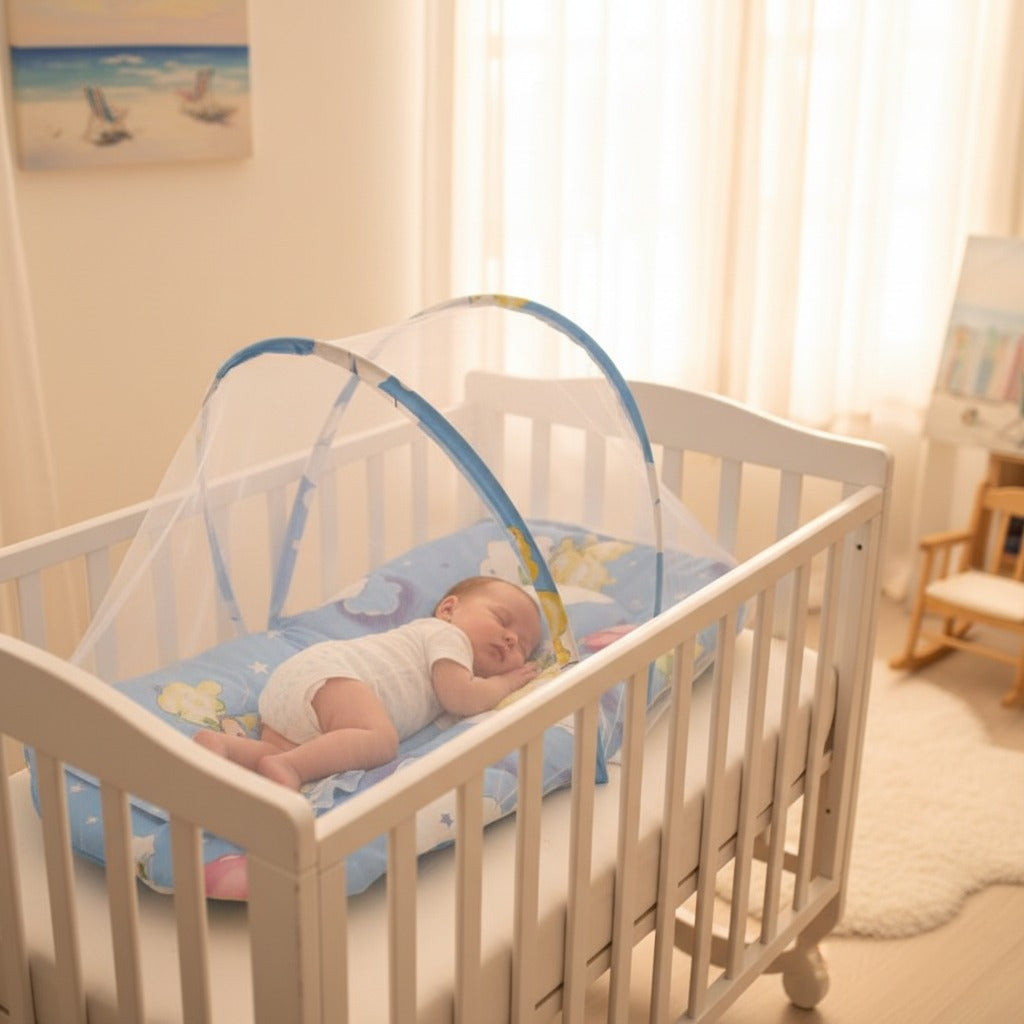 Bébé dans berceau dort avec Moustiquaire Lit Bébé SleepNest Bleu