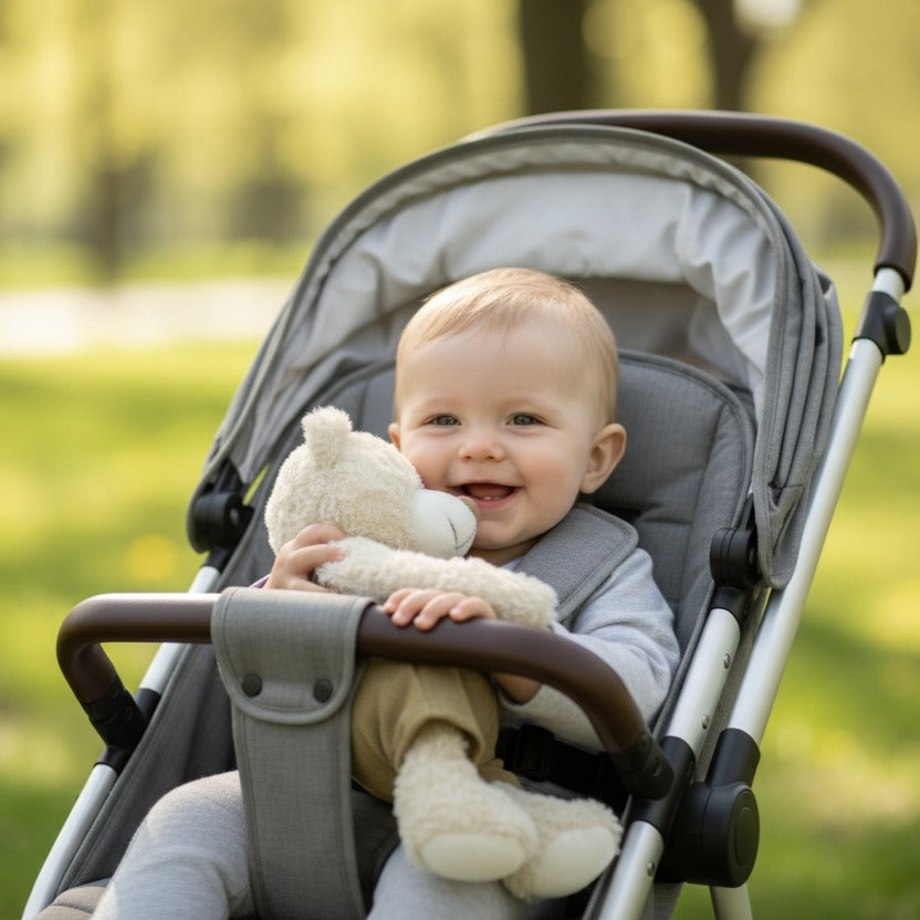 Bébé dans poussette tenant doudou ours - tout doux