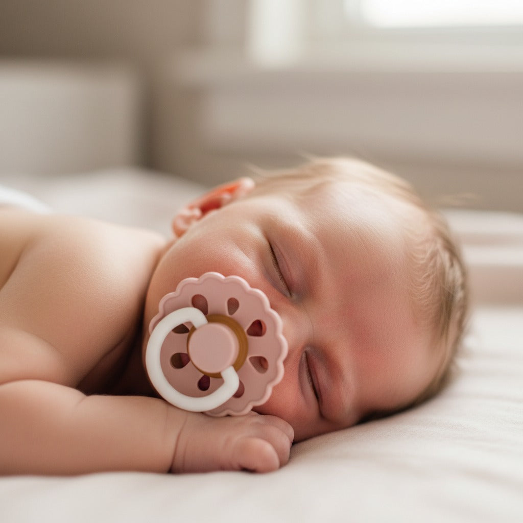 Bébé dort avec Sucette pour bebe Fleur de Nuit