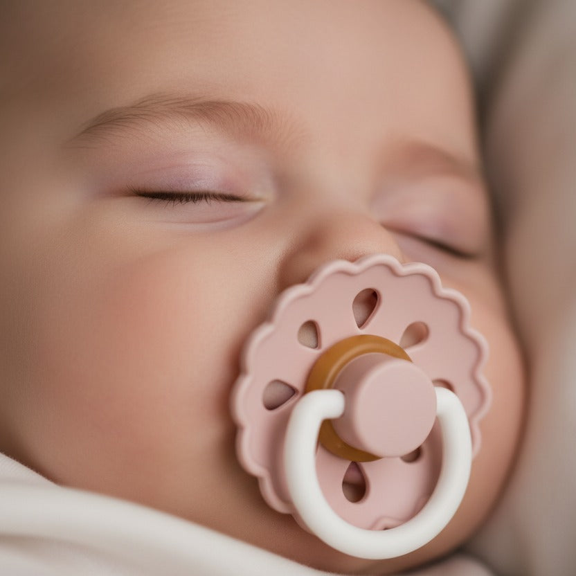 Bébé dort avec Sucette pour bebe rose Fleur de Nuit