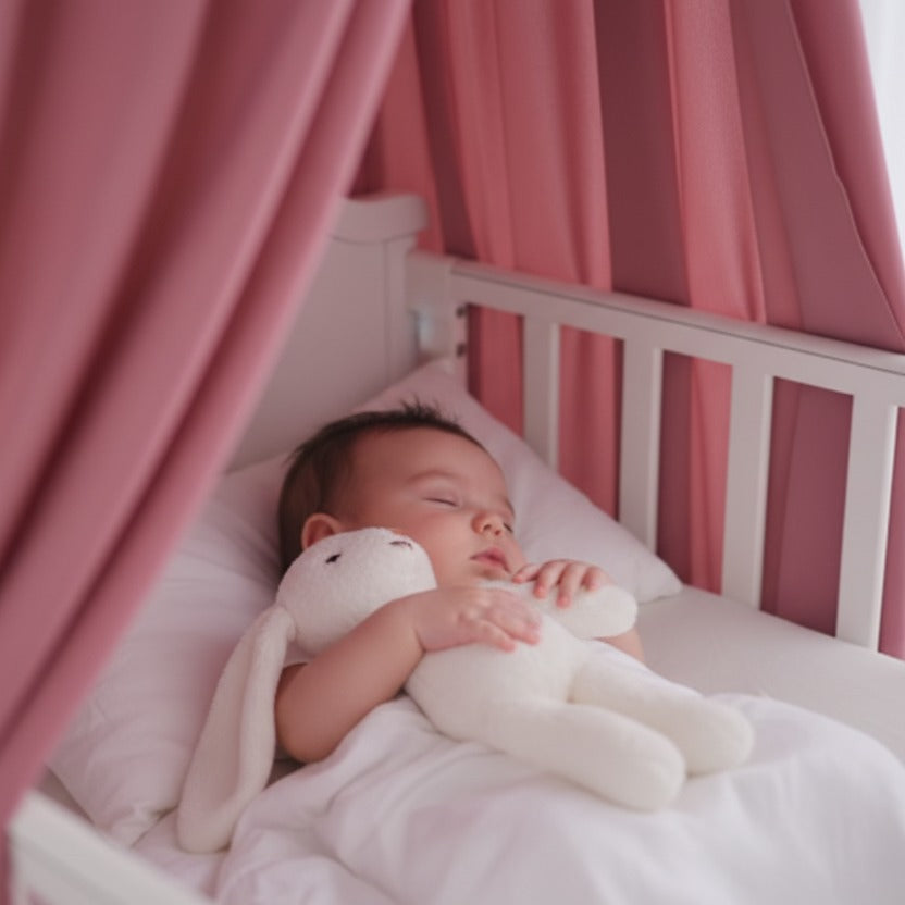 Bébé dort avec doudou dans berceau avec ciel de lit bebe vieux rose