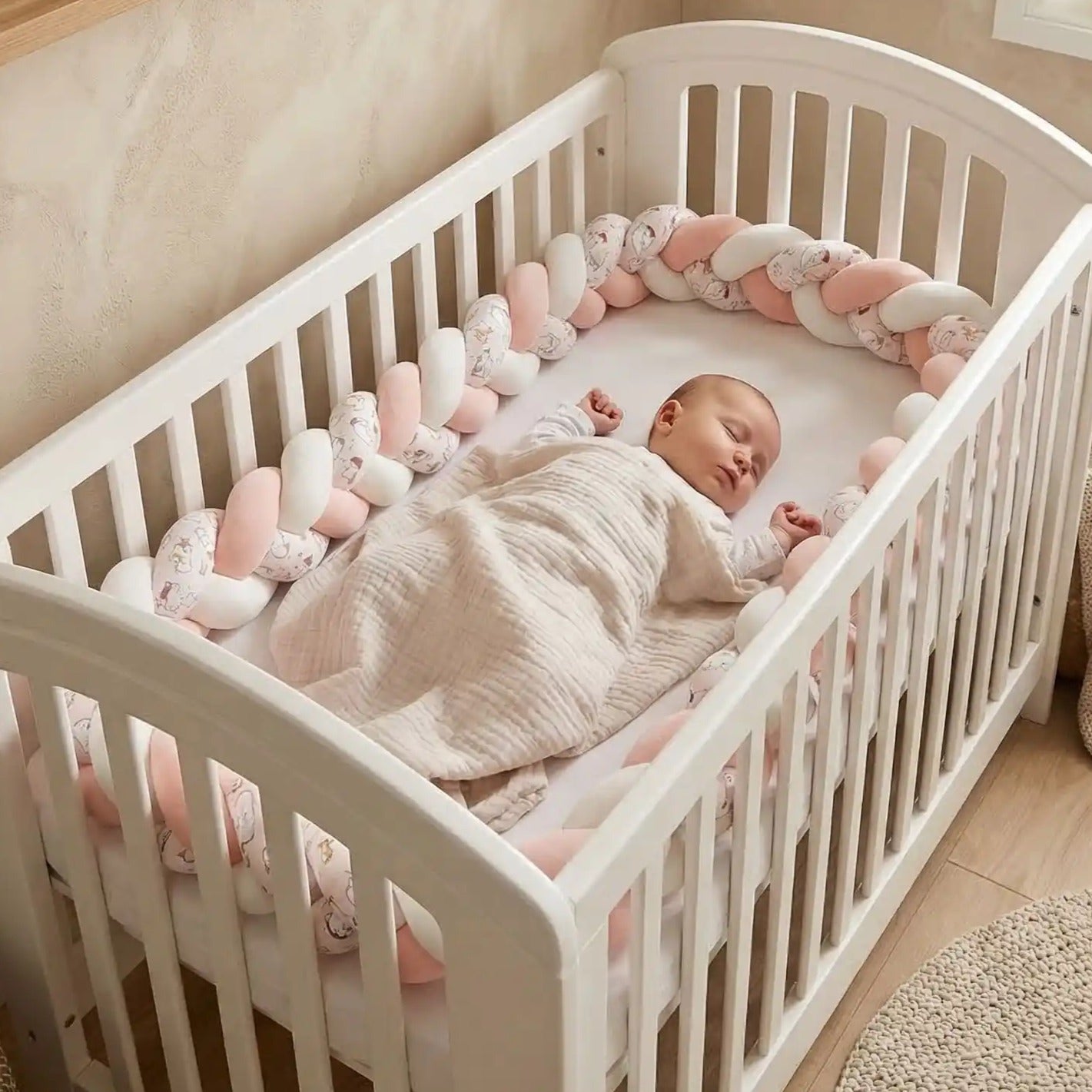 Bébé dort avec tresse de lit bébé protectrice moelleuse TwistBumper rose cocote