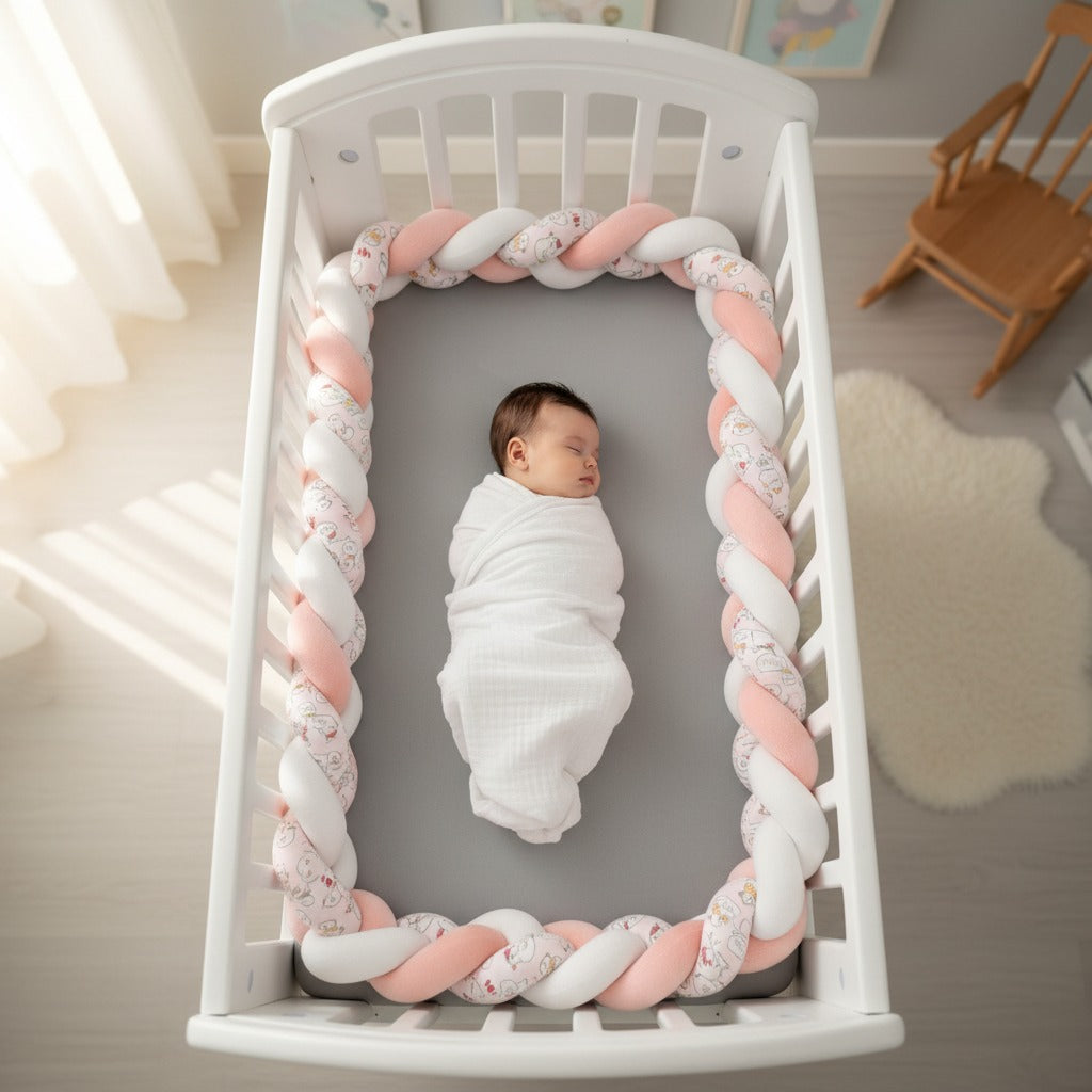 Bébé dort avec tresse de lit bébé protectrice TwistBumper rose cocote