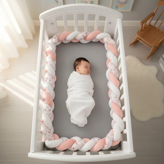 Bébé dort avec tresse de lit bébé protectrice TwistBumper rose cocote