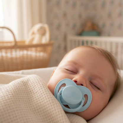 Bébé dort confortablement avec tétine bébé bleue nuit sereine