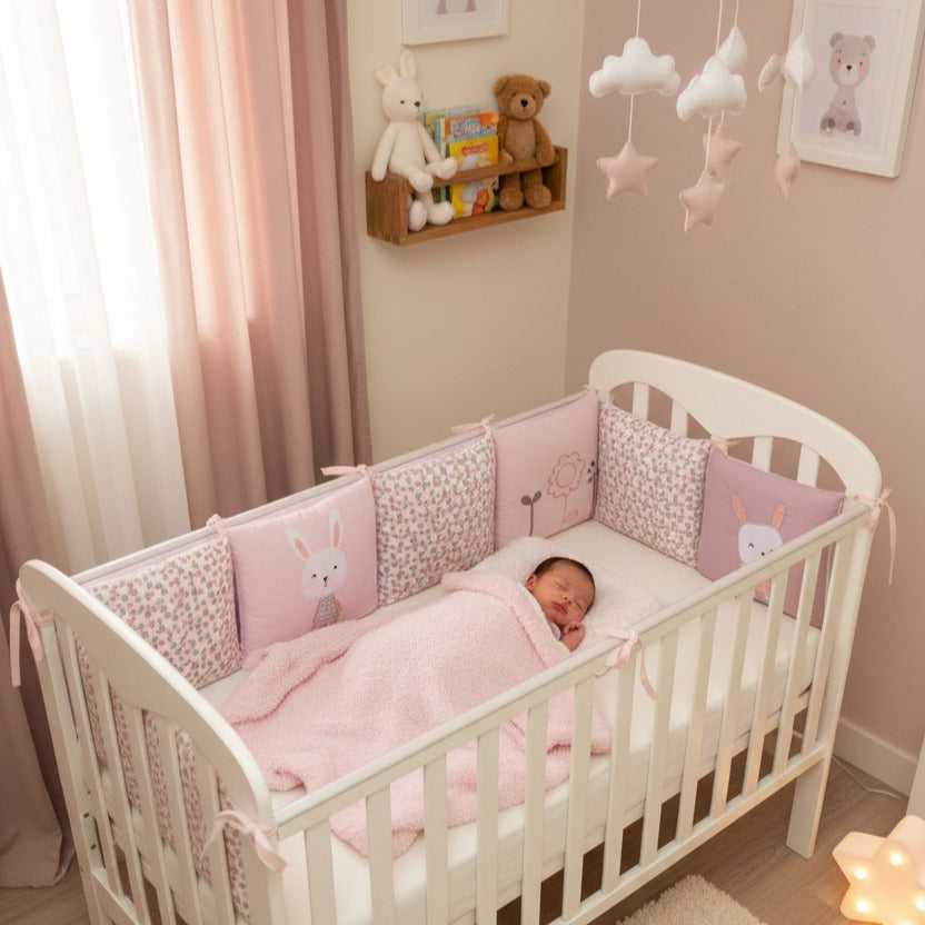 Bébé dort dans berceau avec Tour de lit bebe MAUVE Douceur