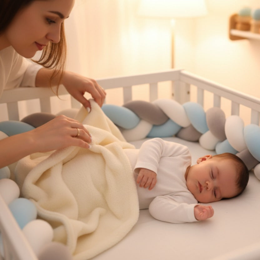 Bébé dort dans berceau avec Tresse bebe Bleu Gris Blanc