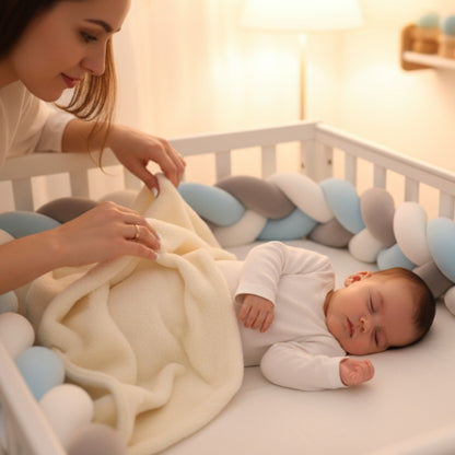 Bébé dort dans berceau avec Tresse bebe Bleu Gris Blanc