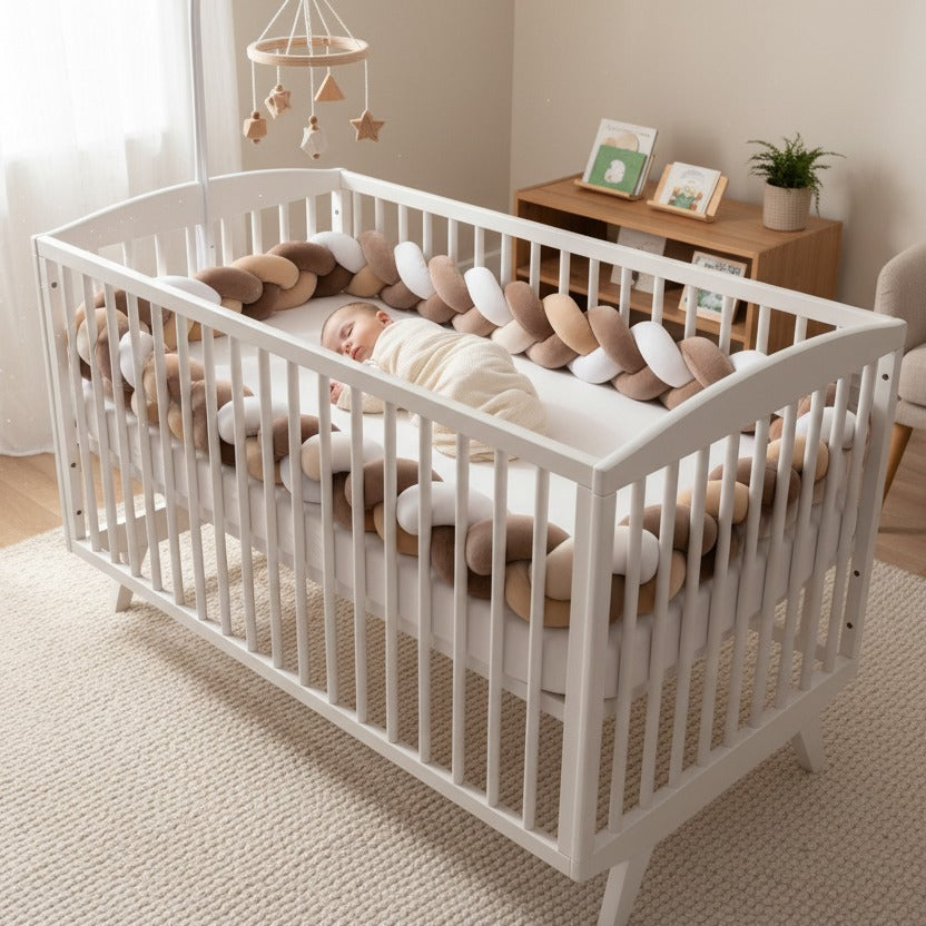 Bebe-dort-dans-berceau-avec-Tresse de lit 3Brins Marron Beige Blanc