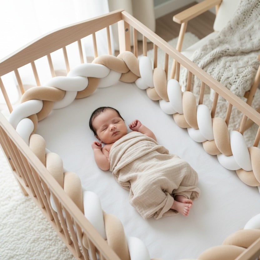Bébé dort dans berceau avec Tresse de lit Beige et Blanc