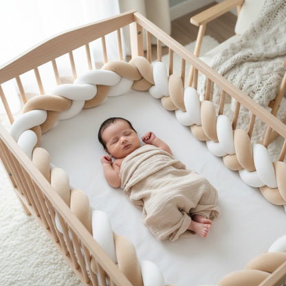 Bébé dort dans berceau avec Tresse de lit Beige et Blanc