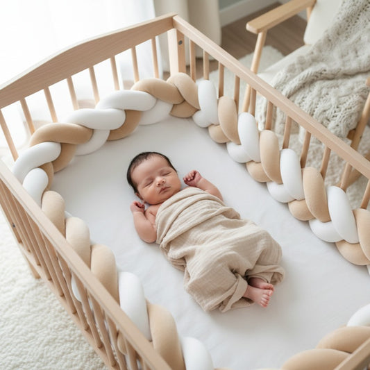 Bébé dort dans berceau avec Tresse de lit Beige et Blanc