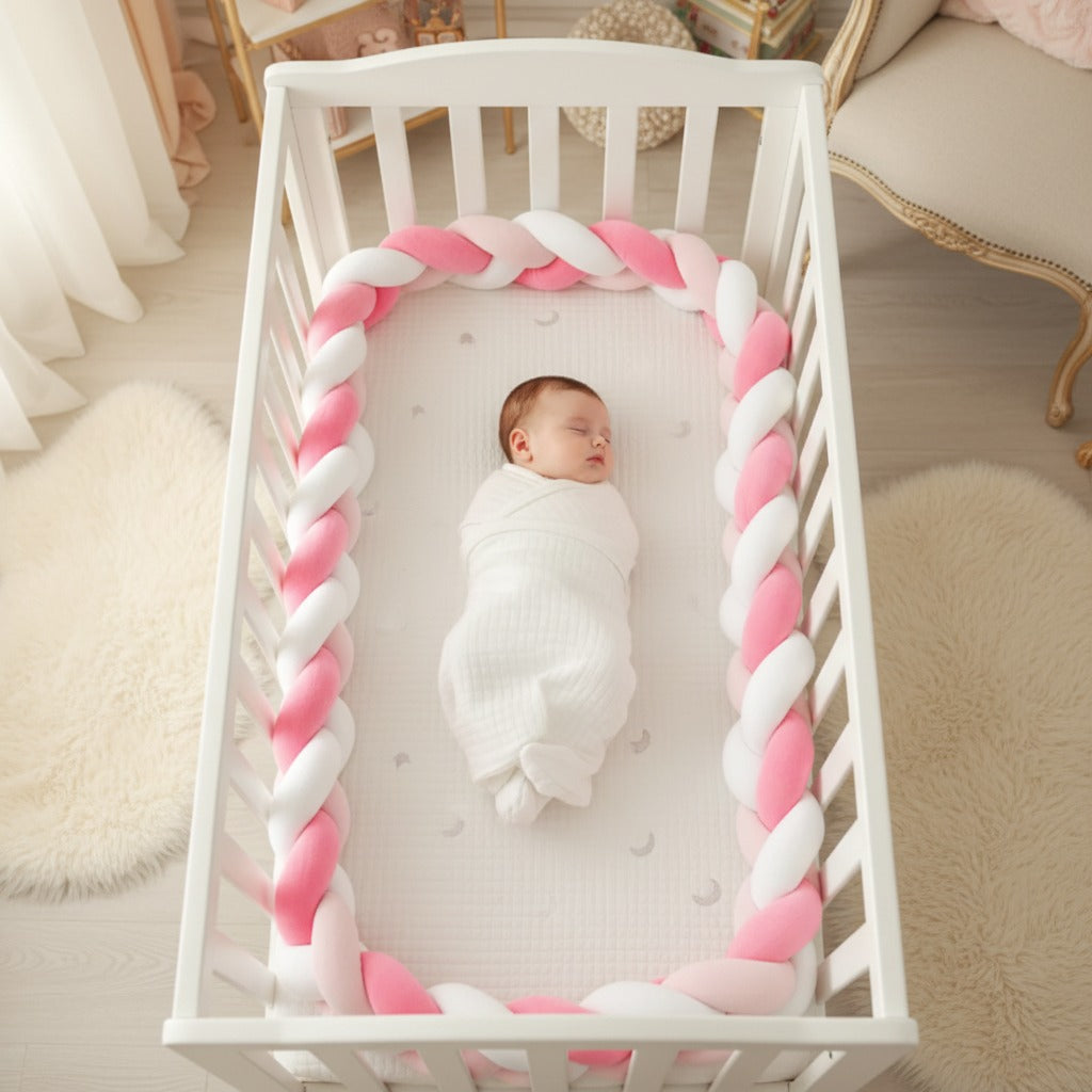 Bébé dort dans berceau avec Tresse de lit Rose Coton Respirant
