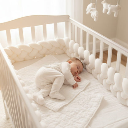 Bébé dort dans berceau avec Tresse tour de lit CozyKnot Blanc