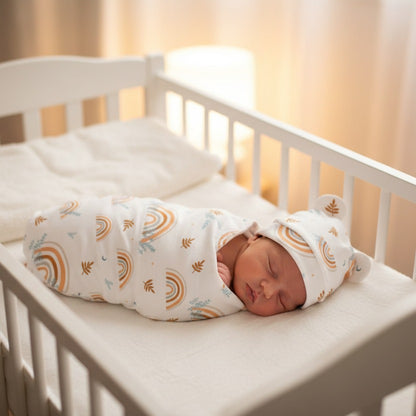 Bébé dort dans berceau avec couverture pour emmaillotage tendresse enveloppée