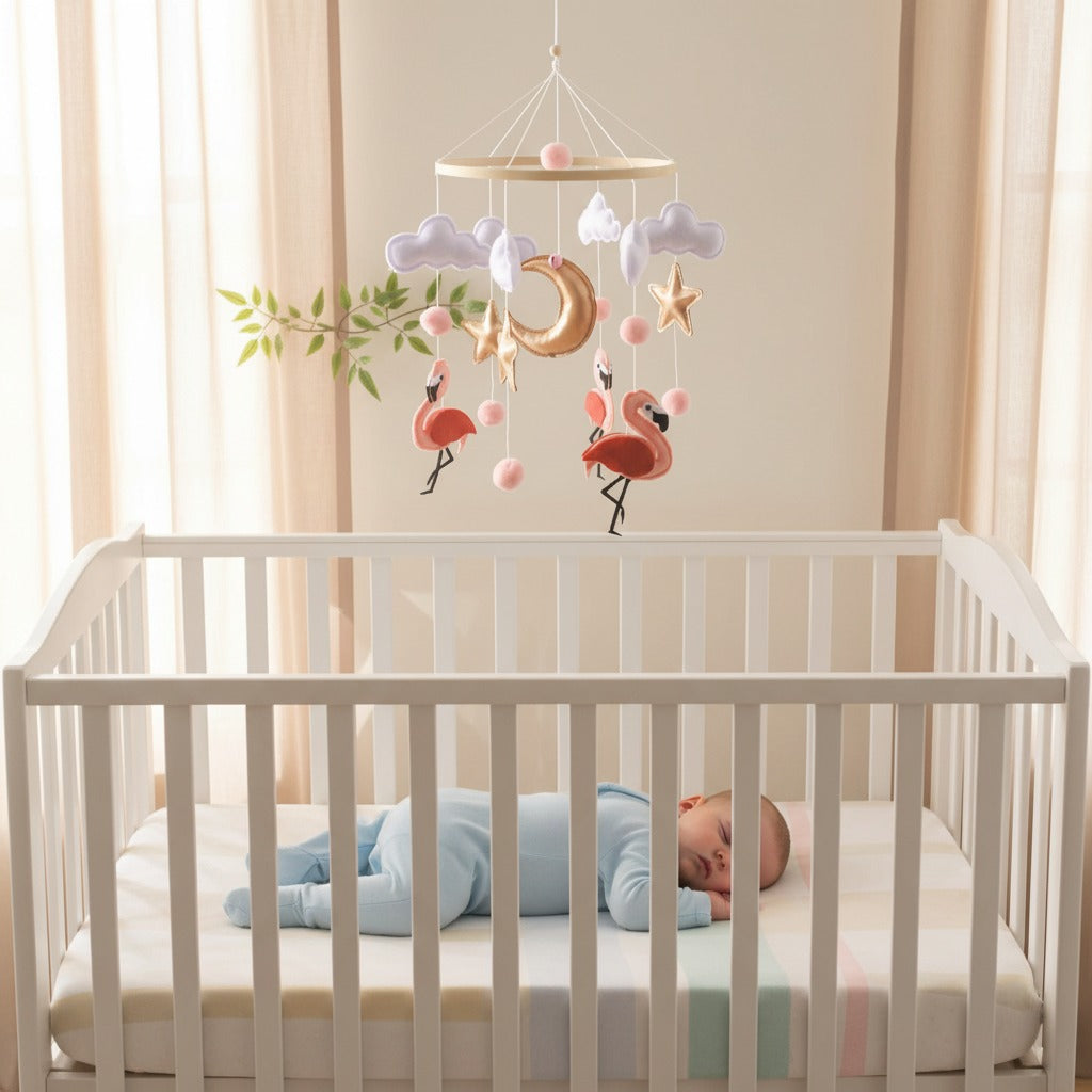 Bébé dort dans berceau avec mobile bébé flamant rose sweetdreams