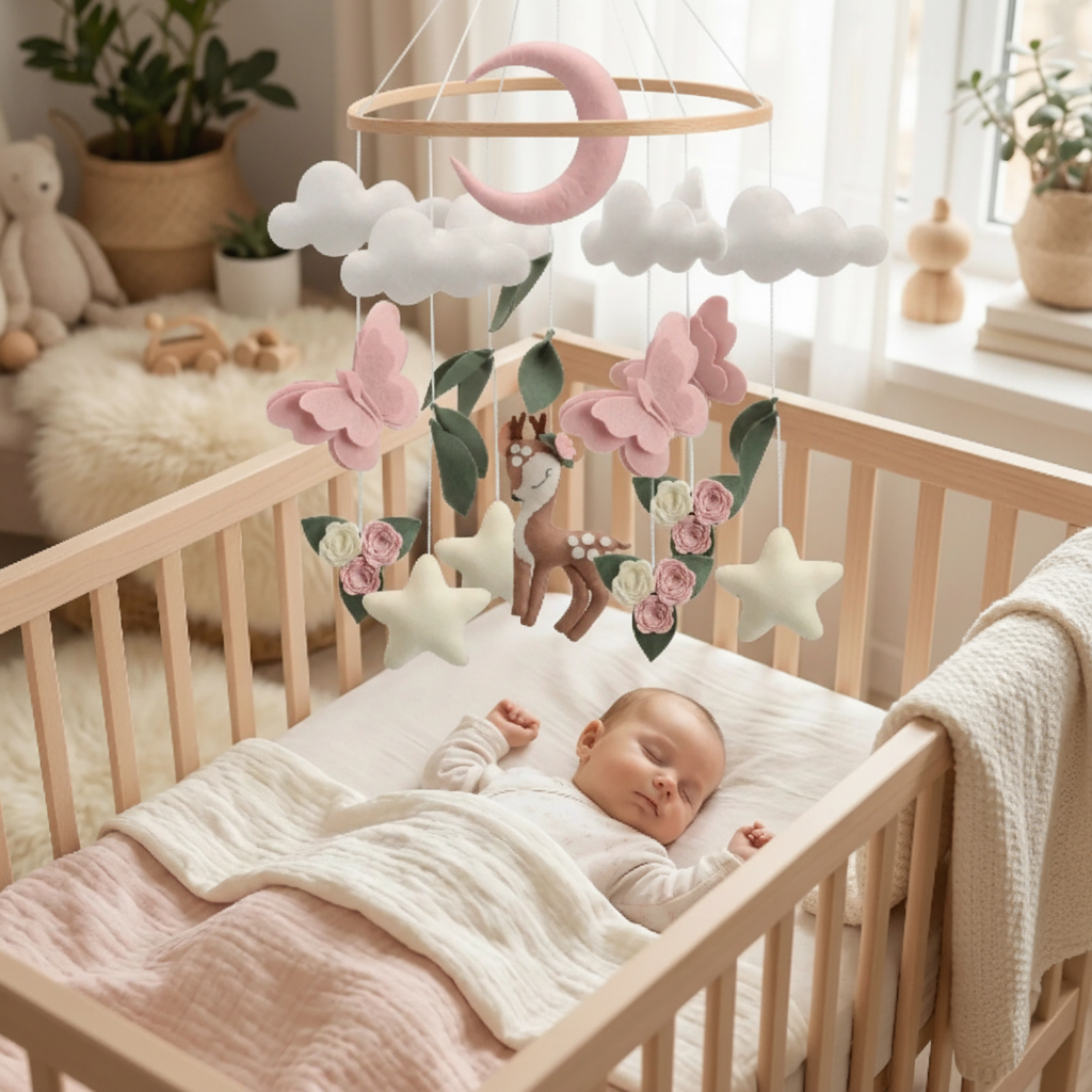 Bébé dort dans berceau avec mobile bébé suspendu avec support bois Feutre Artisanal