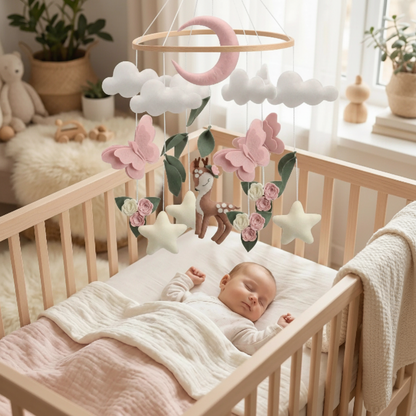 Bébé dort dans berceau avec mobile bébé suspendu avec support bois Feutre Artisanal
