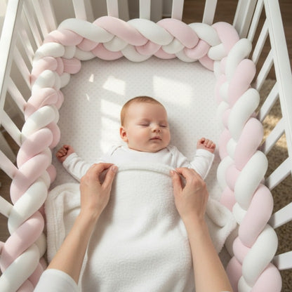 Bébé dort dans berceau avec tresse de lit bébé CozyKnot Rose Blanc