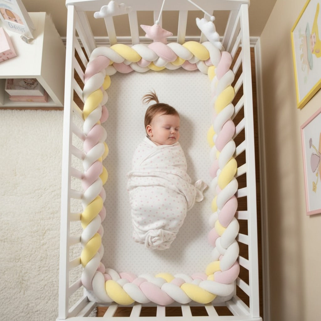 Bébé dort dans berceau avec tresse de lit bébé cozyknot rose jaune