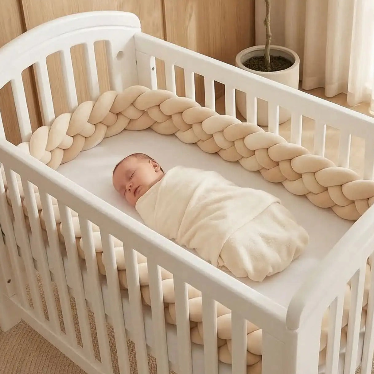 Bébé dort dans berceau protégé par tresse tour de lit beige Douceur Protectrice