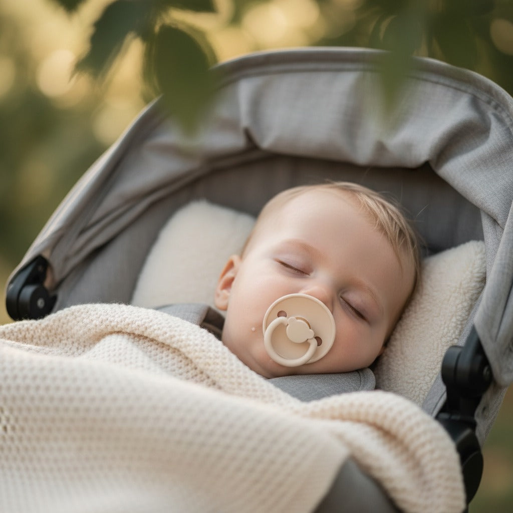 Bébé dort dans poussette avec Sucette bébé verte Silicone Ultra Doux Ours