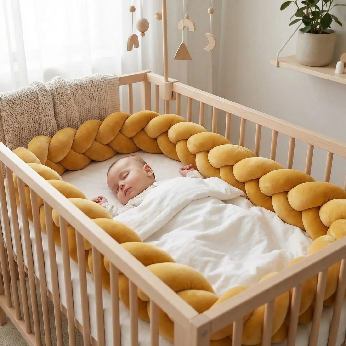 Bébé dort paisiblement avec Natte de lit moutarde Protectrice Tressée