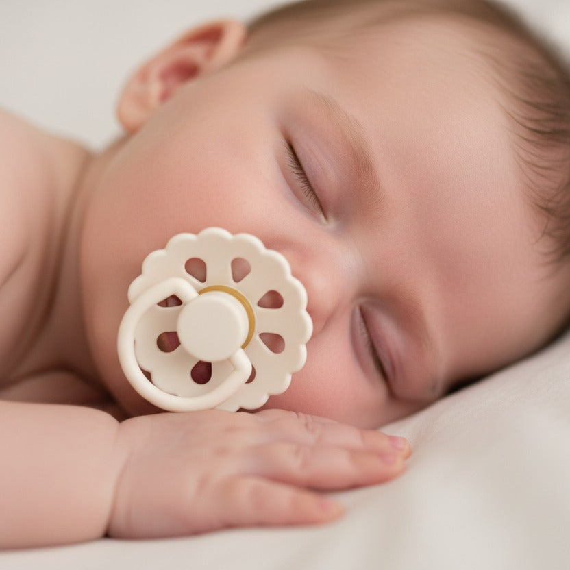 Bébé dort paisiblement avec Sucette pour bebe Fleur de Nuit