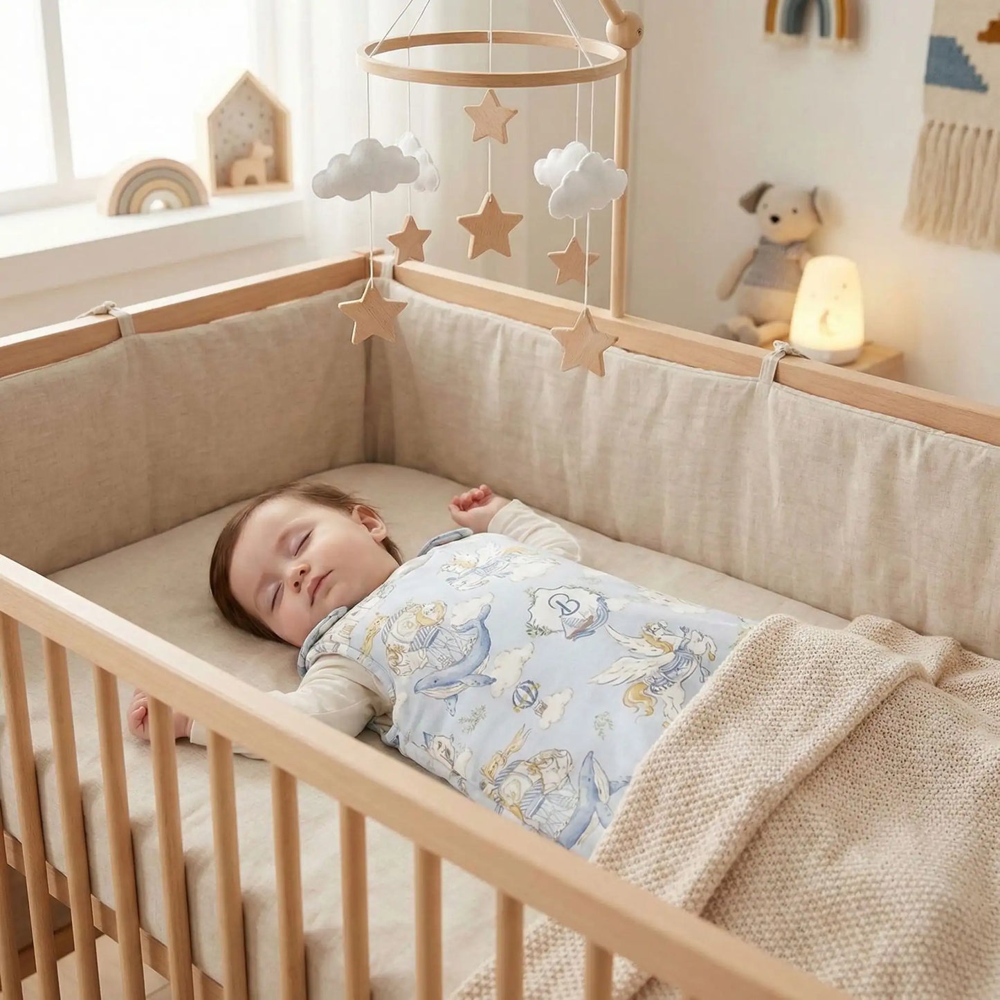 Bébé dort paisiblement avec Turbulette coton bleu Douillette Chauffante