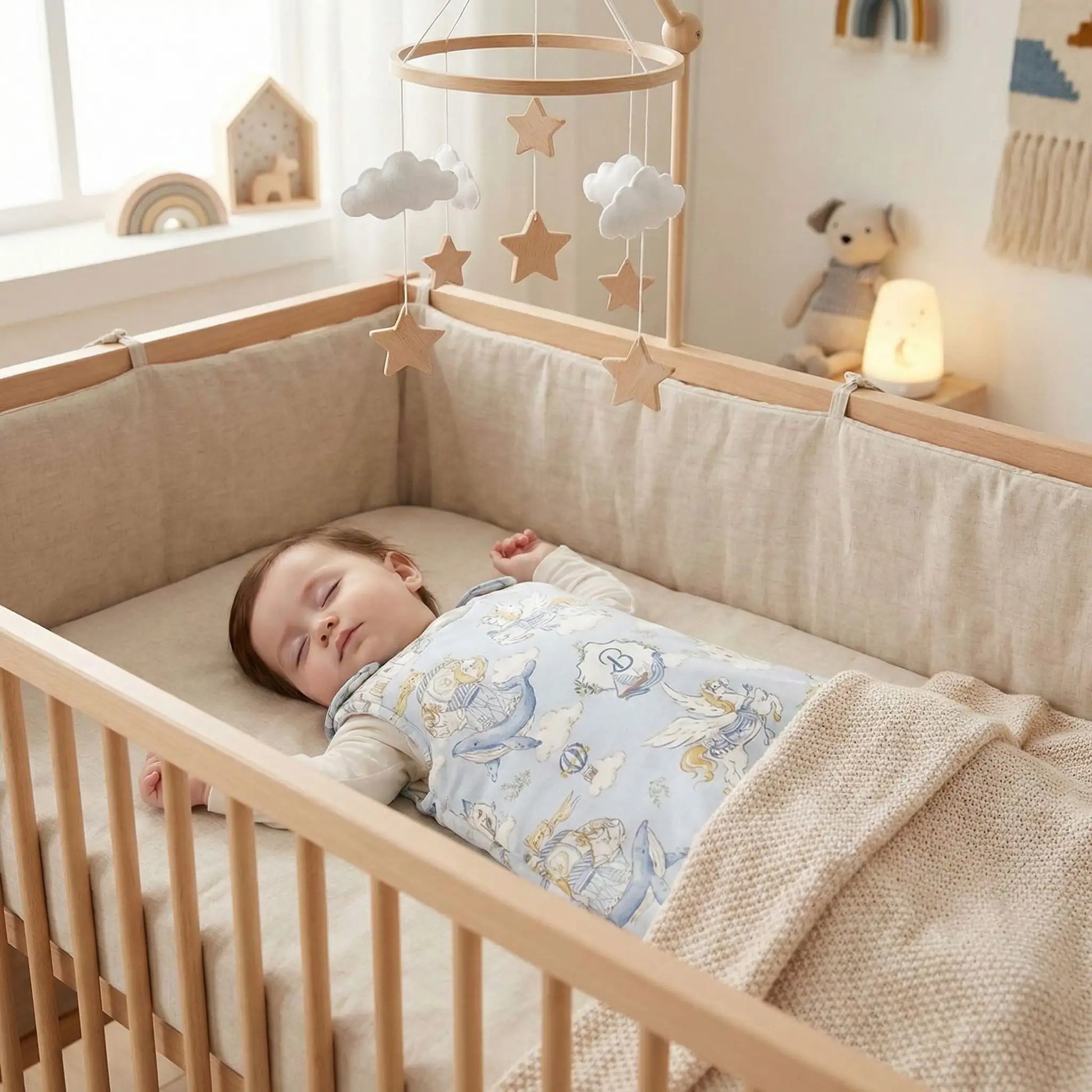 Bébé dort paisiblement avec Turbulette coton bleu Douillette Chauffante
